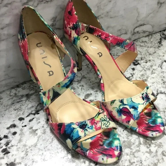 Unisa Women's Floral Patent Open Toe Pumps Heels - Picture 7 of 13